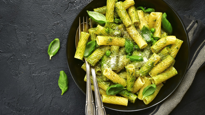 bowl of tortiglioni with pesto