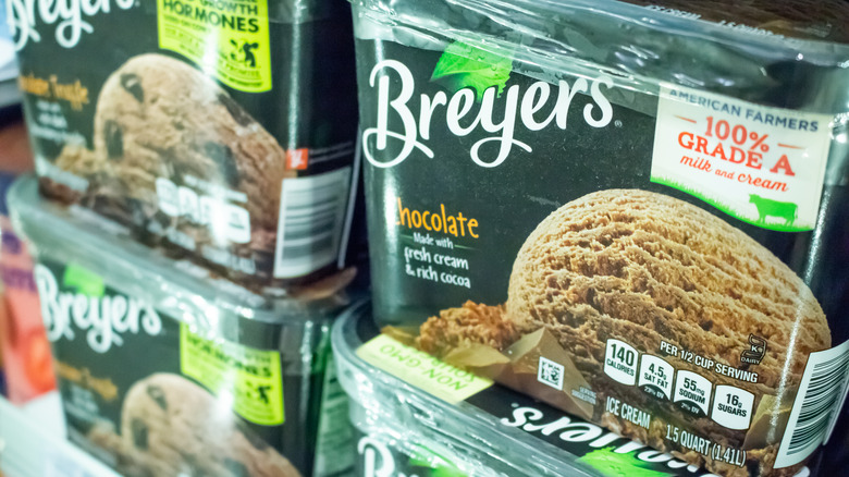 Cartons of Breyer's in a freezer
