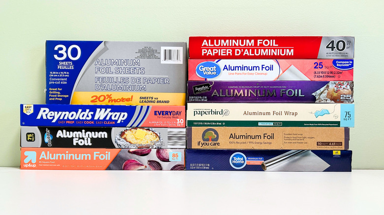 Ten brands of aluminum foil lined up together