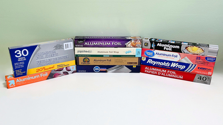 Ten brands of aluminum foil lined up together