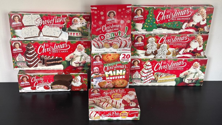 Boxes of Little Debbie Christmas snacks
