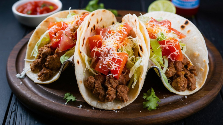 A plate of three carne asada tacos with lettuce, tomatoes, and cheese on a wooden board.
