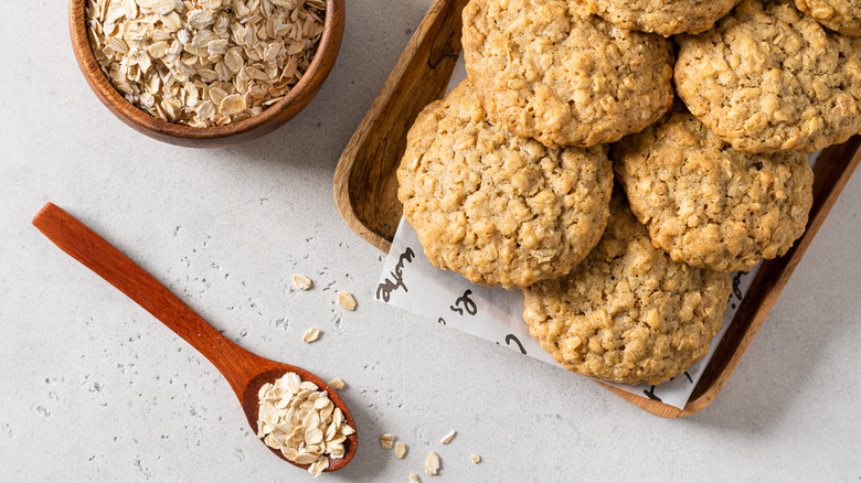 Oatmeal cookies on wooden tray