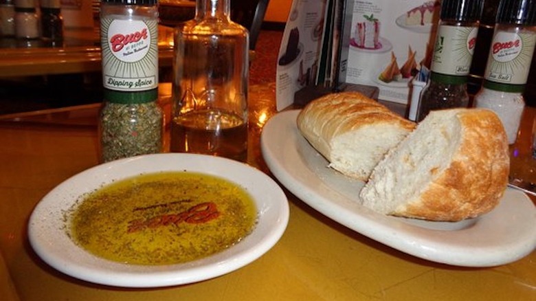 bread and dipping oil on table