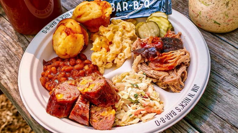 Jim 'N Nick's picnic plate of barbecue, beans, coleslaw, and more