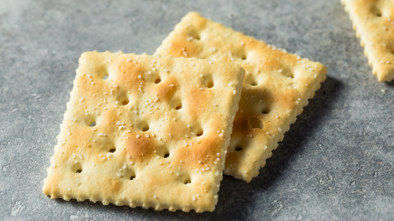 two saltine crackers on countertop