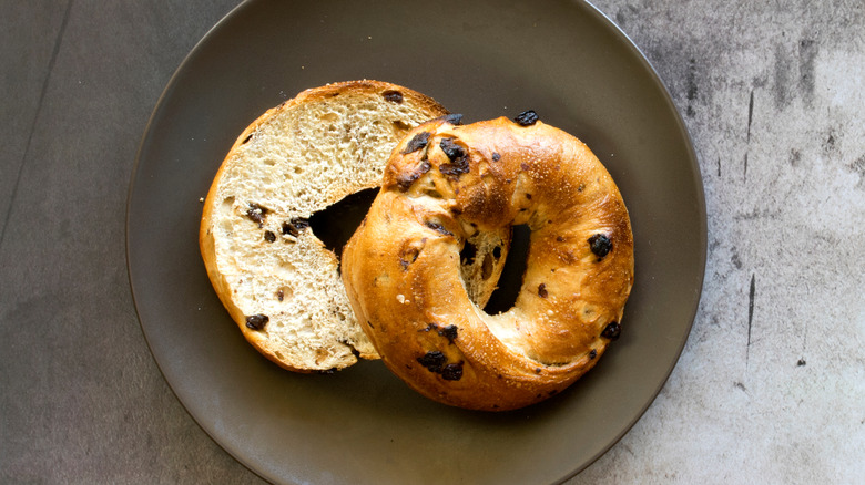 toasted cinnamon raisin bagel sliced in half