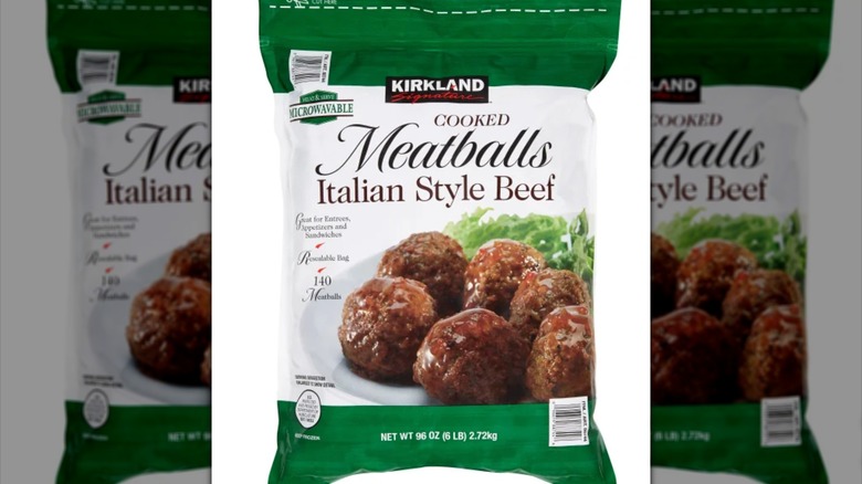 Bag of Kirkland Signature Italian meatballs on white background