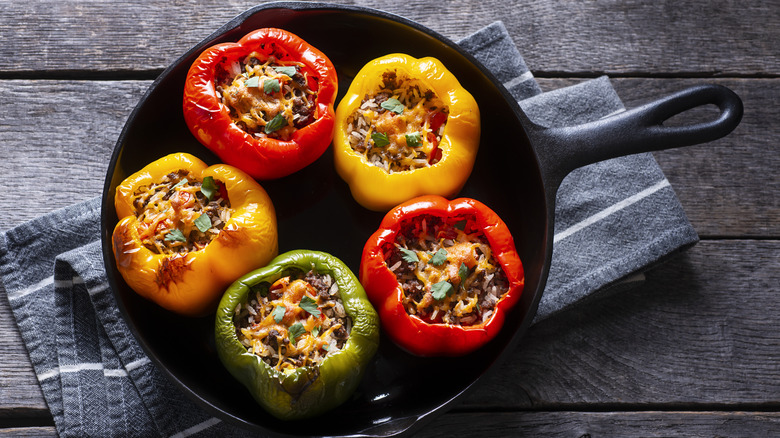 Stuffed peppers in cast iron skillet