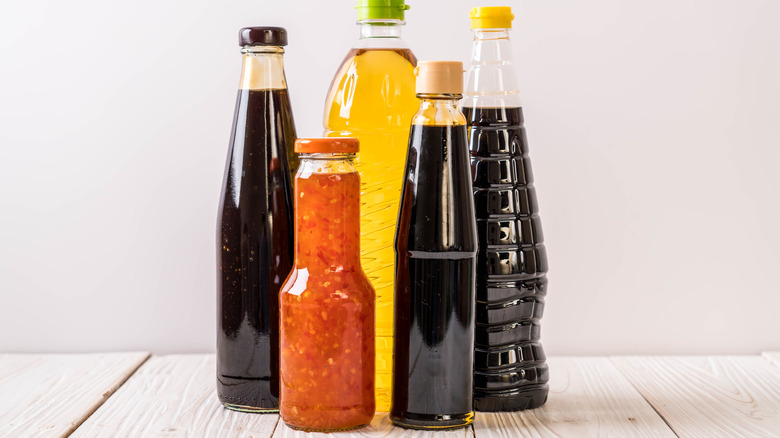 Bottles of condiment sauces