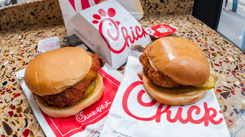  Chick-fil-A chicken sandwiches on a counter