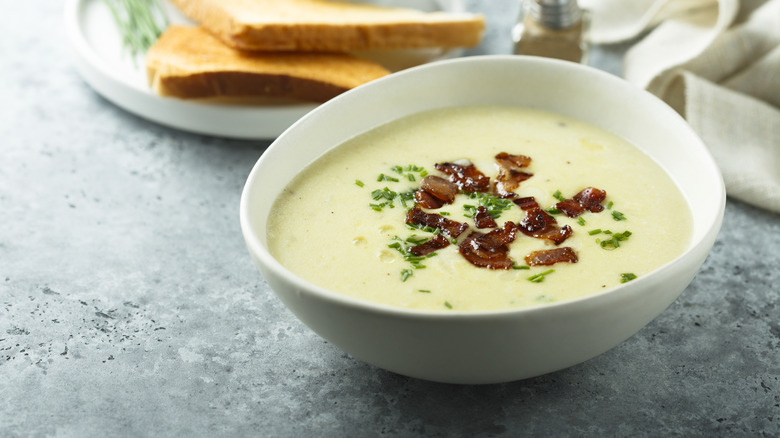 Creamy soup topped with bacon