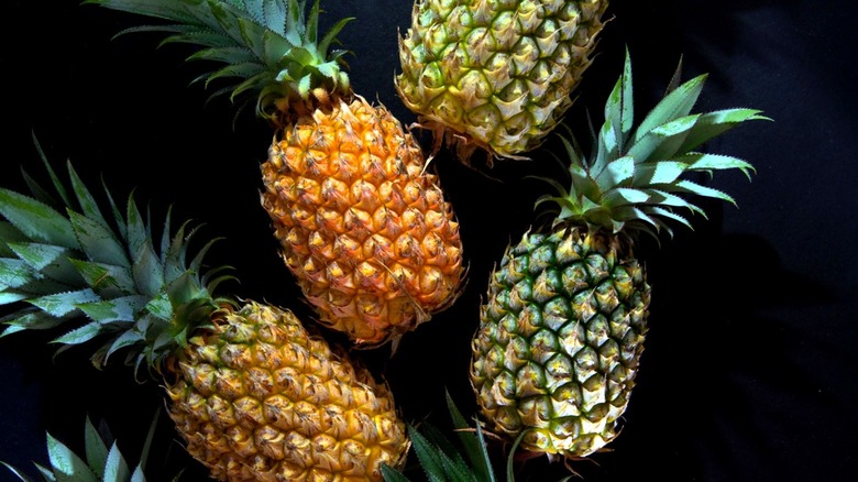 Whole pineapples on black background
