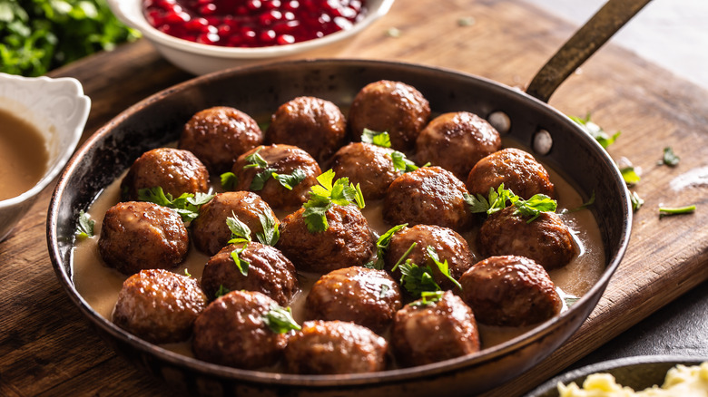a pan of swedish meatballs