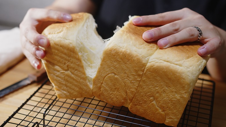 tearing loaf of bread in half