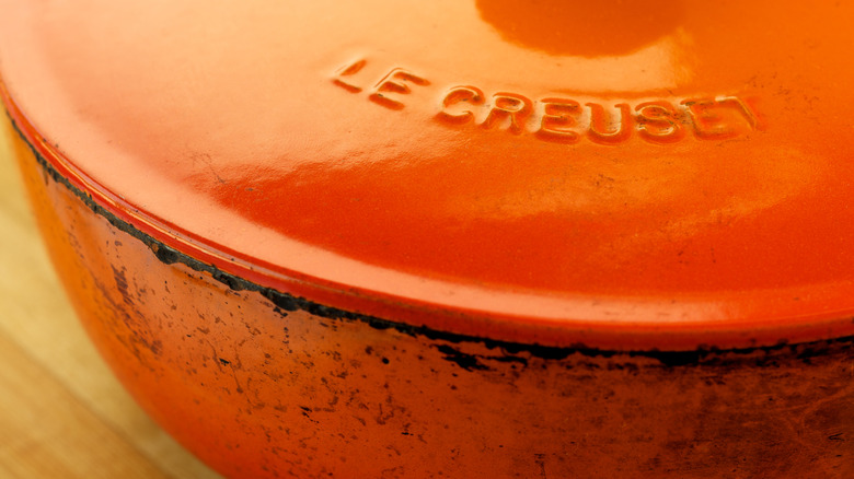 Close up of vintage Le Creuset pot with marking