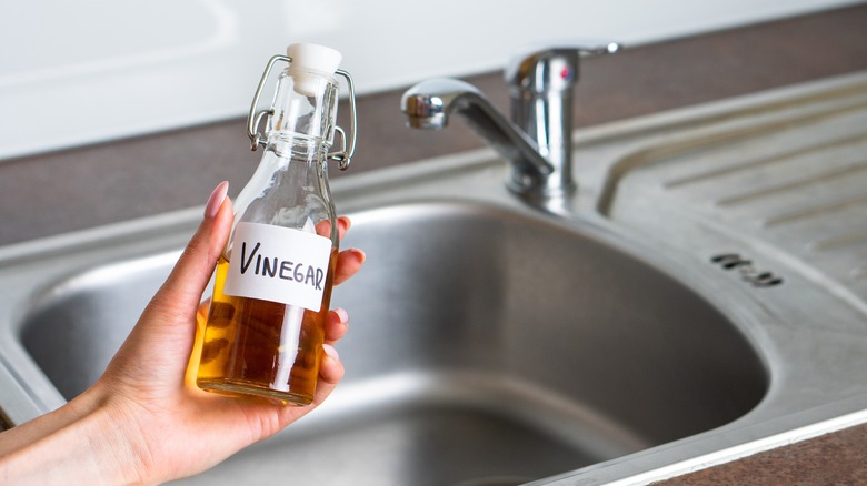 Hand holding a bottle of vinegar over the kitchen sink