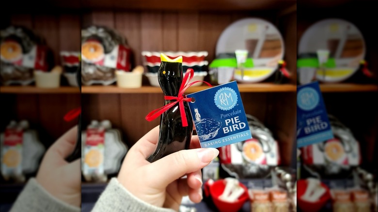 Hand holding up a pie bird with red ribbon and tag around neck