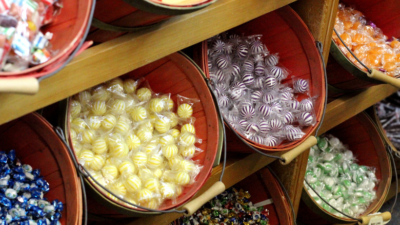 Wooden baskets of individually wrapped, vintage-style candies