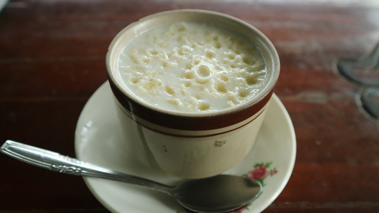 Tapioca pudding on a saucer with a spoon