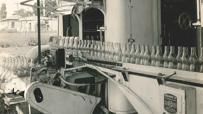 Empty glass bottles on the conveyor at A-Treat soda plant
