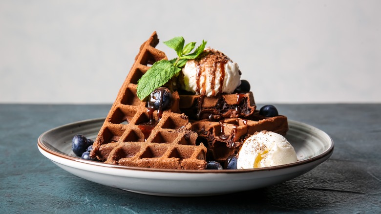 Chocolate waffle with ice cream