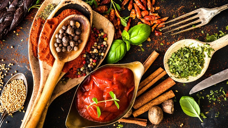 Tomato paste and spoons with spices 