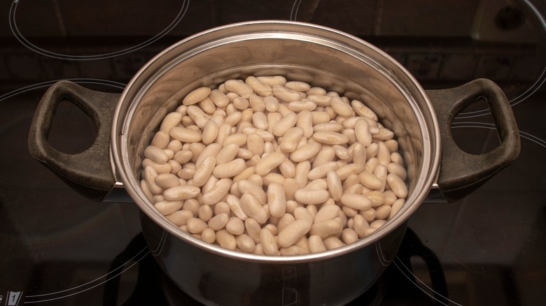 white beans soaking in pot