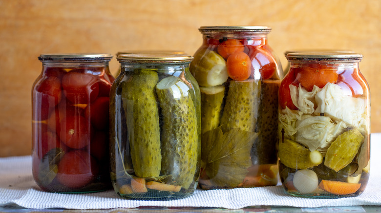 Jars of various pickled vegetables
