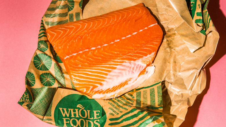 salmon filet on Whole Foods bag
