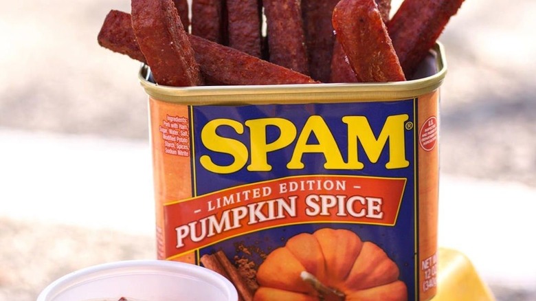 Sticks of meat coming out of top of can of Pumpkin Spice Spam