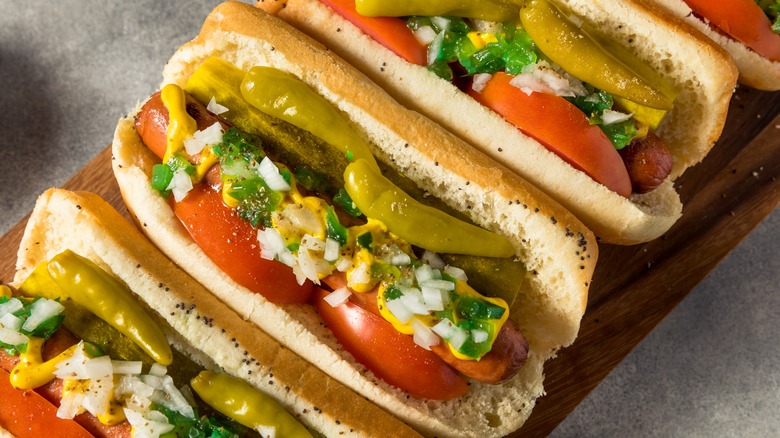 Chicago hot dogs with serrano peppers