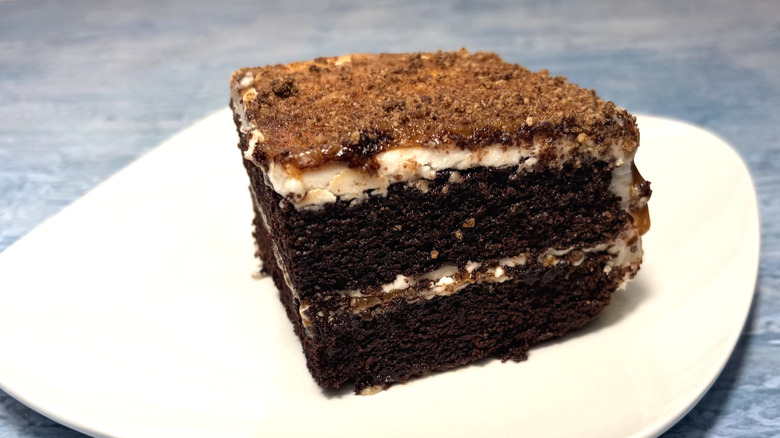 Close up of the Brown Butter Cookie Caramel Crunch Cake