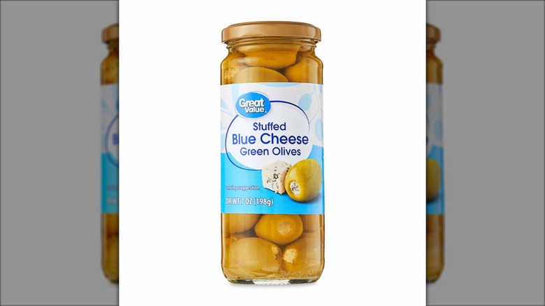 Jar of Great Value blue cheese stuffed olives.