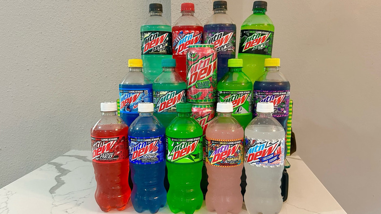 Mountain Dew bottles and cans; different flavors
