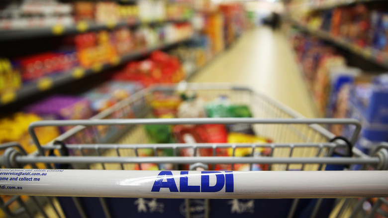 Aldi grocery cart in aisle 