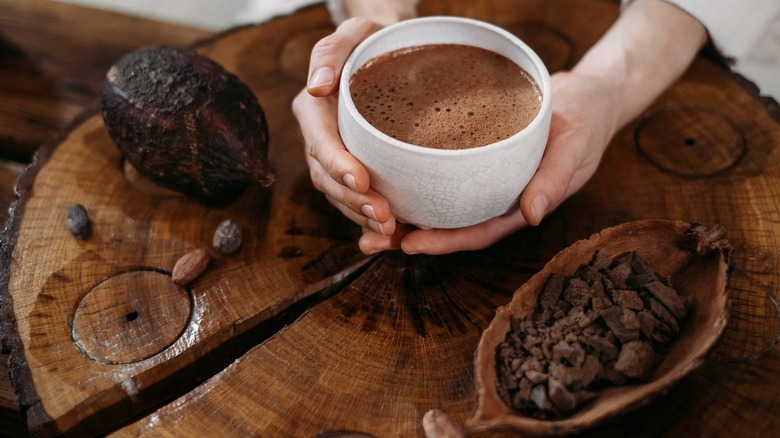 hands holding mug of hot chocolate with chocolate pieces