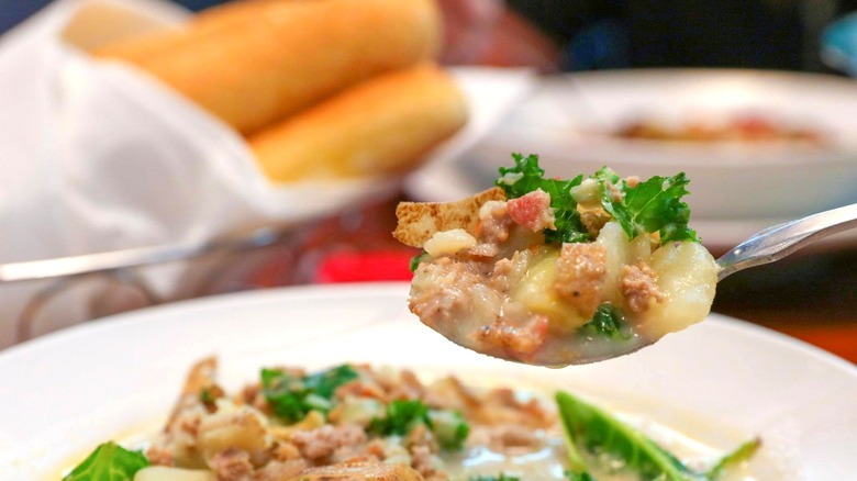 Spoonful of Olive Garden Zuppa Toscana close-up