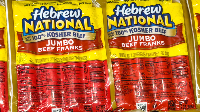 Packages of Hebrew National jumbo beef franks
