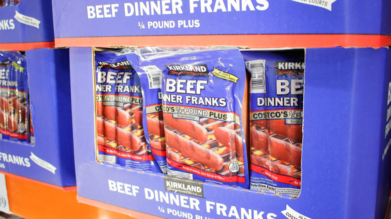Box of packaged Kirkland beef dinner franks at Costco
