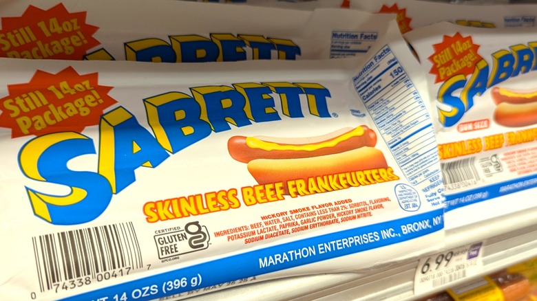 Packages of Sabrett frankfurters on grocery shelf