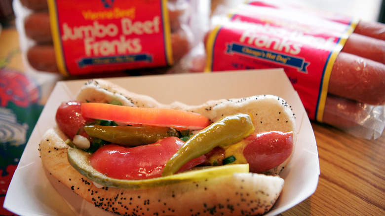 Fully dressed Chicago dog in front of packages of Vienna Beef franks
