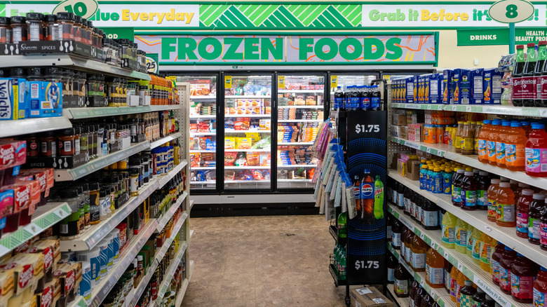 A Dollar Tree grocery aisle opening onto a lineup of frozen food coolers
