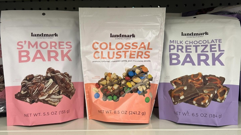 View of Landmark Confection chocolate candy bags lined up on a store shelf