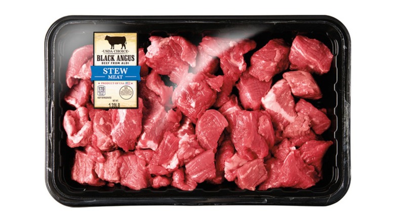 Sealed raw cubed stew meat in packaging