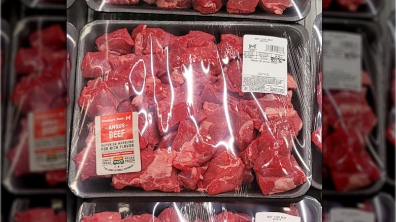 Member's Mark raw cubed stew meat in black packaging on a shelf at Sam's Club