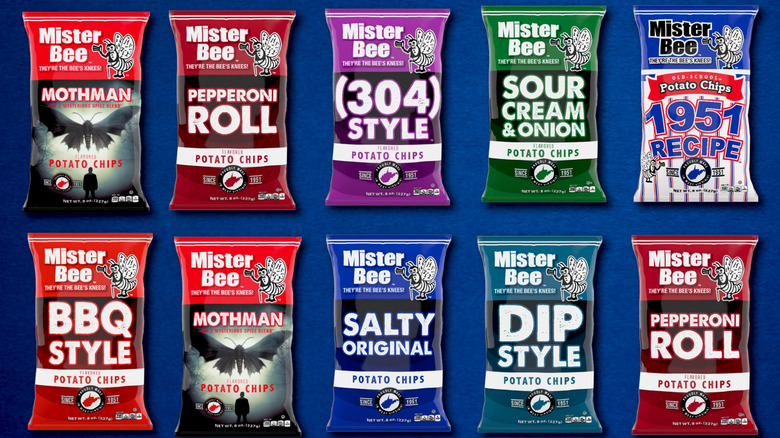 different flavors of bags of Mister Bee chips against a blue background