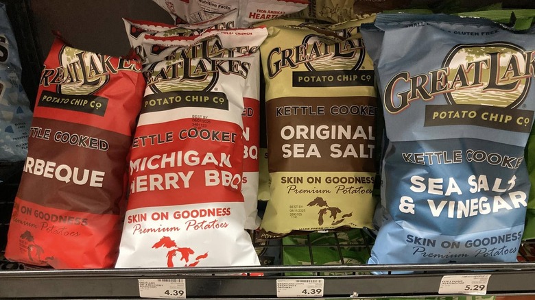 bags of Great Lakes potato chips on a grocery store shelf