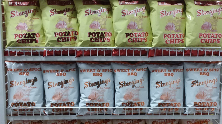 bags of Sterzing's potato chips on a grocery store shelf
