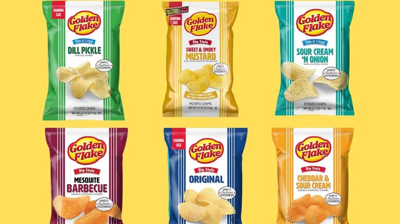 different bags of Golden Flake potato chips in a grid against yellow backdrop